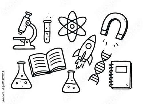 Vector Science icons: microscope, dna, atom, rocket, magnet, lab equipment, books