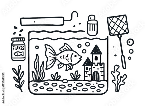 Vector Aquarium goldfish in tank with castle, plants, and fish food