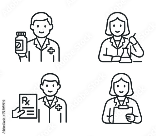 Vector Healthcare professionals icon set: doctors and scientists in medical roles