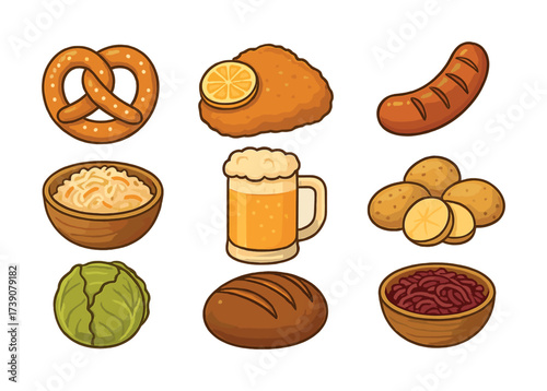 Vector Traditional german cuisine: pretzel, schnitzel, sausage, beer, bread, cabbage, potatoes, sauerkraut