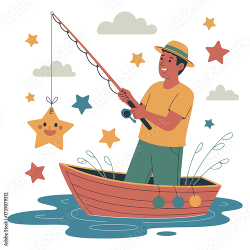 A whimsical illustration of a person fishing for stars from a boat, in a playful, dreamlike scene. The person is casting their fishing rod toward a cute, smiling star