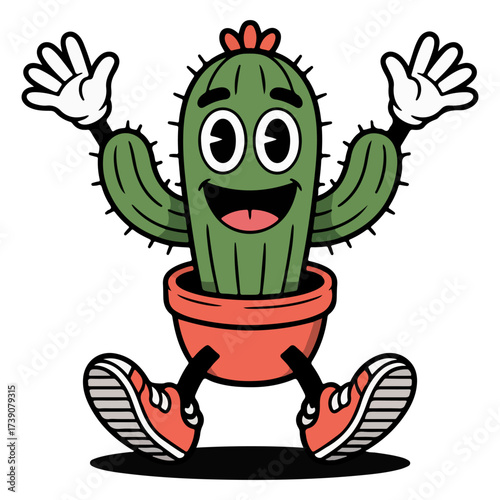 A happy cartoon cactus wearing shoes and smiling cheerfully