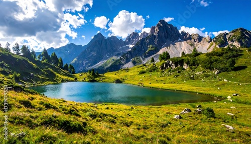 Fototapeta Naklejka Na Ścianę i Meble -  A vibrant alpine lake mirrors jagged peaks under a partly cloudy sky, surrounded by lush meadows