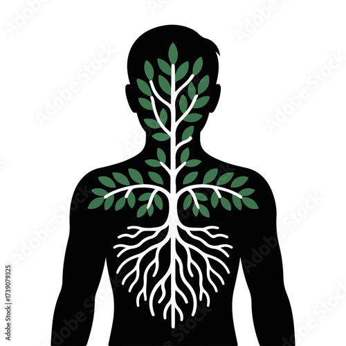 An illustration of a person with a tree inside his body, symbolizing growth and connection with nature