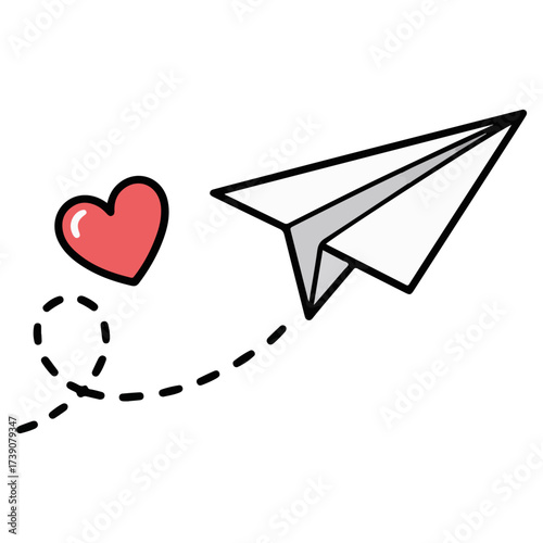 Paper airplane soaring towards a red heart, symbolizing love and travel