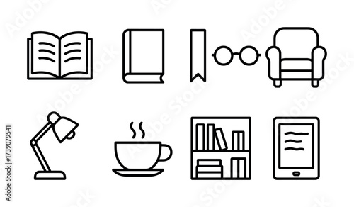 Library icons set: books, furniture, and accessories in minimalist design