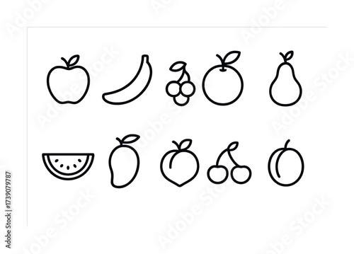 Collection of simple fruit icons in black and white line art style