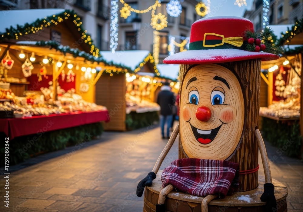 Obraz premium Festive market scene featuring a smiling wood character under twinkling lights