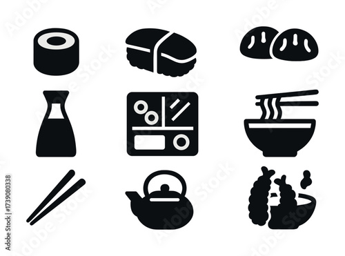 Japanese cuisine icon set: sushi, ramen, teapot, chopsticks and bento