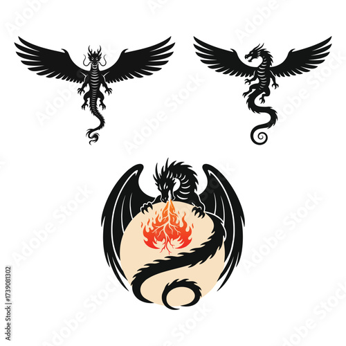 Set of Black Dragon Silhouettes Featuring Winged Dragon Breathing Fire and Mystical Designs for Fantasy Artwork and Illustrations