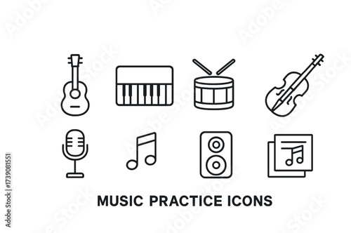 Music practice icons: guitar, piano, drums, violin, microphone, musical note, speakers, sheet music