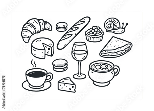 Hand-drawn french cuisine illustrations with pastries, cheese, and wine