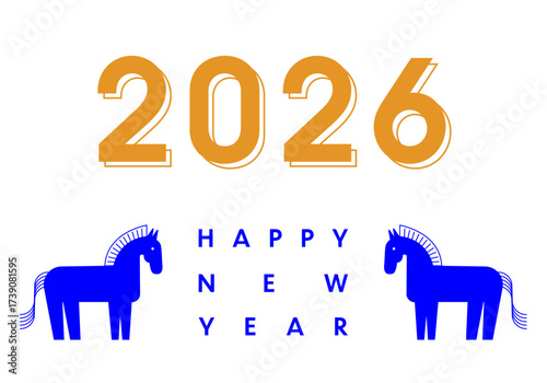2026_HAPPY NEW YEAR_年賀状デザイン_横,午年,馬_青,金｜2026_HAPPY NEW YEAR_New Year's Card Design_Horizontal, Year of the Horse,Horse_Blue, Gold
