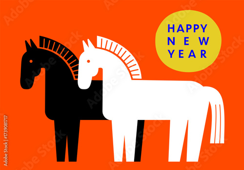 2026_HAPPY NEW YEAR_年賀状デザイン_横,午年,馬２匹_背景あり｜2026_HAPPY NEW YEAR_New Year's Card Design_Horizontal, Year of the Horse, Two Horses_With Background