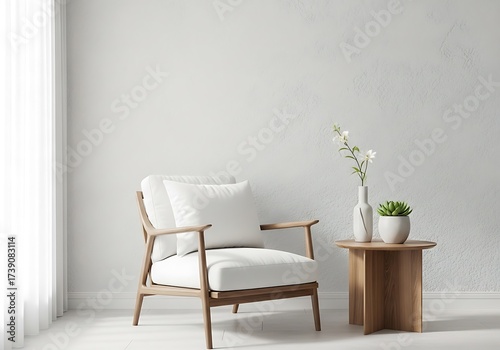 Cozy corner of a modern home with a comfortable armchair, a small wooden side table, and a vase with delicate flowers