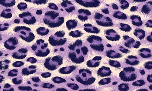 Vector illustration of purple leopard skin texture, exotic animal fur pattern for stylish fashion textiles, trendy wallpaper, and modern decorative artwork.