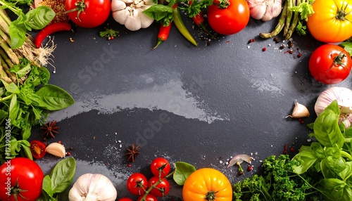 A flat lay of vibrant vegetables and herbs arranged around a dark, textured surface, suggesting a culinary preparation