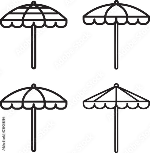Set of Beach Umbrella Outline vector illustration isolated On Transparent Background