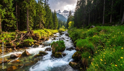 A flowing river carves through a lush green forest, with mountains in the distance, showcasing untouched natural beauty under a cloudy sky
