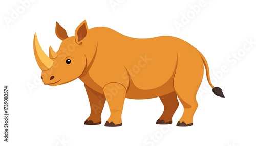 A full-body illustration of a rhinoceros. It stands facing left with a prominent horn, two small ears, and a dark tail. The animal has an orange skin