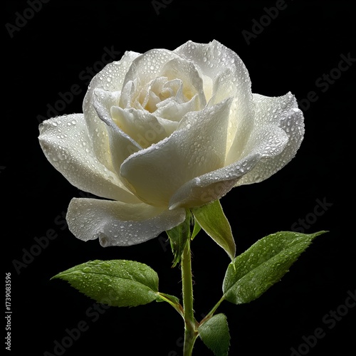 Elegant closeup of a single white rose covered in fresh dew drops, isolated on a solid black background. A classic and dramatic floral still life symbolizing purity, love, and remembrance, perfect for