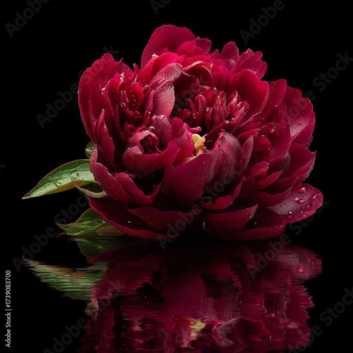 Dramatic macro of a lush, dark red peony flower with water drops on its velvety petals, isolated on a black background with a reflection. Elegant low-key still life with a moody, luxurious, and romant