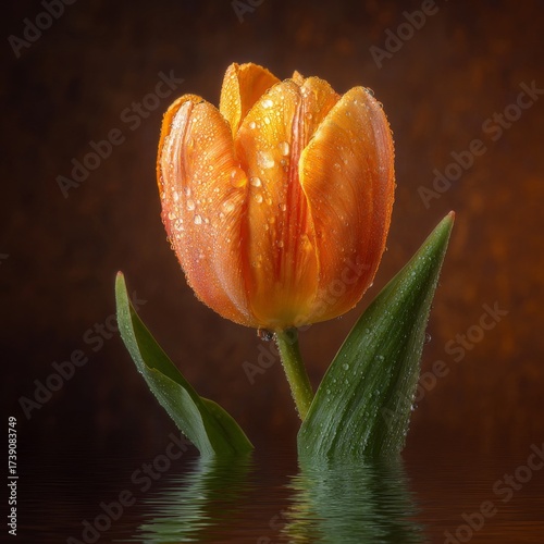 Elegant still life of a single orange tulip flower with fresh water drops on its petals and leaves. Classic floral portrait against a warm, textured brown background, symbolizing the beauty of spring 