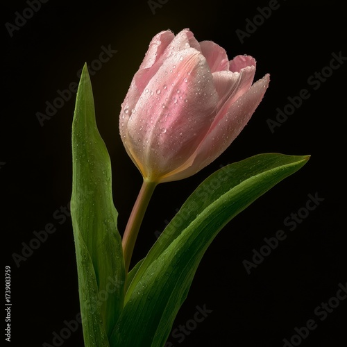 Elegant still life of a single pink tulip with fresh morning dew drops on its delicate petals and leaves. Romantic and gentle floral portrait isolated on a black background, perfect for Spring, Mother