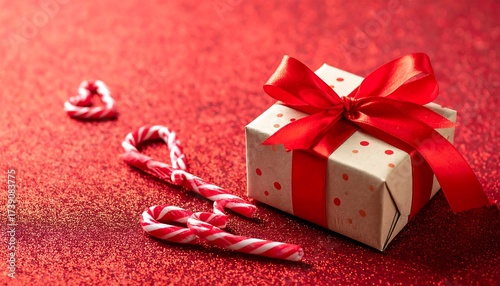 A gift box with a red ribbon, candy canes, and heart-shaped candies on a red glitter surface