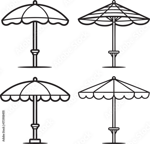 Set of Beach Umbrella Outline vector illustration isolated On Transparent Background