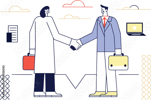 Two professionals shaking hands with medical and business icons