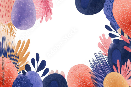 Abstract Floral Border Composition with Coral Blue and Gold Elements on Transparent Background
