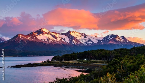 A majestic mountain range at sunset. Snowy peaks are lit by the setting sun, reflecting on a tranquil body of water. Lush green foliage in foreground