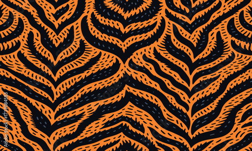 Tiger skin vectand illustration with wild striped fur pattern, great fand background designs, wallpaper murals, fabric textures, and tiles.