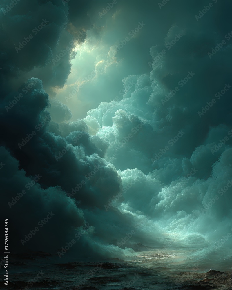Naklejka premium Majestic Clouds Forming a Dreamy Atmosphere Over a Tranquil Seascape in Soft Light and Shades of Blue