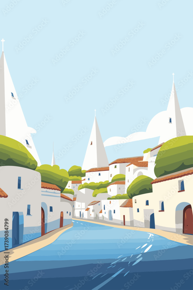 Naklejka premium Alberobello, Italy town illustrated poster in retro style. Vintage vector travel booklet, brochure, postcard, print, cover with panoramic view, street, houses