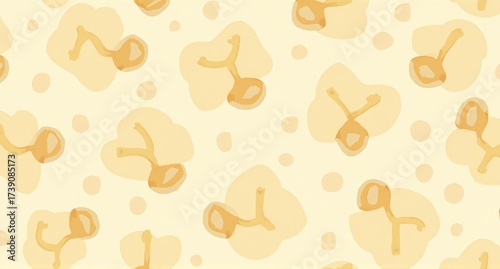 Abstract illustration of golden kernels and dots over a yellow background. This food related imagery implies simplicity. The elements are distributed randomly across the image.