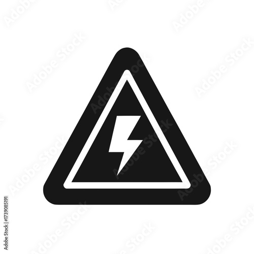 Black triangle warning sign with white lightning bolt indicating electrical hazard and danger present here on transparent background silhouette