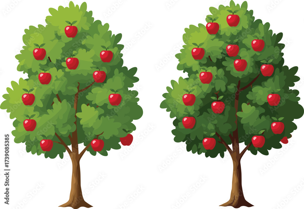 Fototapeta premium Beautiful apple trees with ripe red apples, fresh fruit orchard illustration, natural green foliage, harvest season concept, organic farming, healthy food vector design