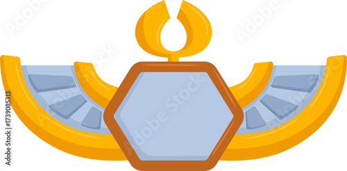 Ancient Egyptian Style Winged Sun Disk Emblem with Hexagon Icon