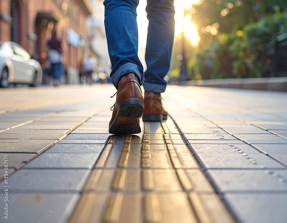 Fototapeta premium Person walking on a sidewalk in an urban environment with sunlight