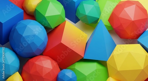 Colorful geometric shapes, a vibrant and playful arrangement of solid forms