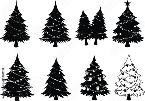 Black and White Christmas Tree Silhouettes with Decorations, Holiday Season Clipart, Festive Winter Design Elements for Cards, Crafts, Printables, and Digital Projects