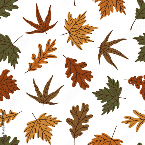 Autumn seamless vector pattern. Colorful maple and oak leaves on a white background. Cozy design for Thanksgiving, seasonal decorations, fall event. Hand drawn ornament with dry foliage. For print