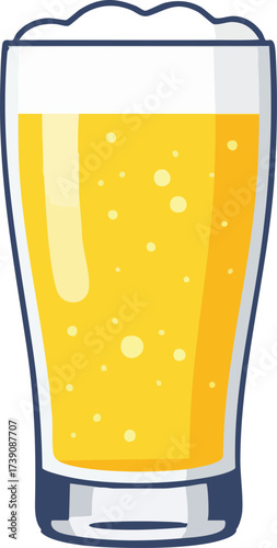 A tall glass filled with a frothy, bubbly, golden-yellow beverage, likely beer or soda.