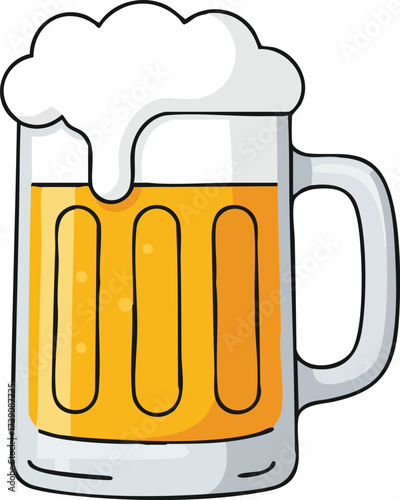 A cartoon illustration of a glass mug filled with golden beer and a frothy white head.