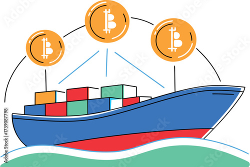 Cargo ship with Bitcoin symbols in a network on white background Keywords: cargo ship, container ship, freight, logistics, shipping, transport