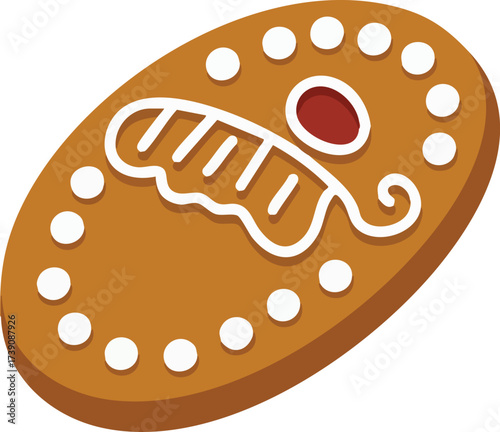 A festive oval-shaped gingerbread cookie decorated with white icing and red candy.