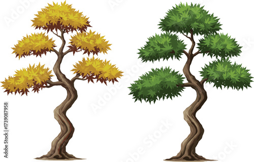 Cartoon bonsai trees illustration, autumn yellow and green foliage, twisted trunk vector trees, fantasy nature clipart, isolated plant artwork, digital nature design
