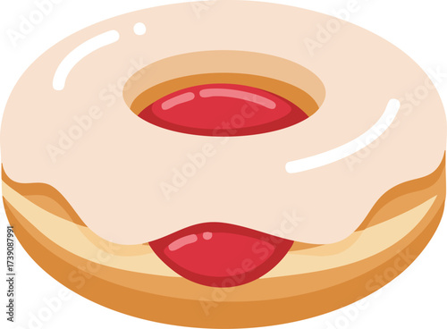 A donut with white frosting and a red jelly filling.